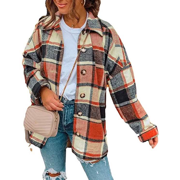 Women's Casual Woolen Long Sleeve Button Down Plaid Jacket by DailySale
