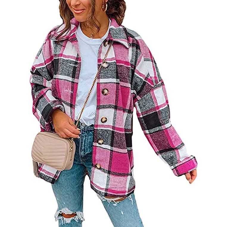 Women's Casual Woolen Long Sleeve Button Down Plaid Jacket by DailySale