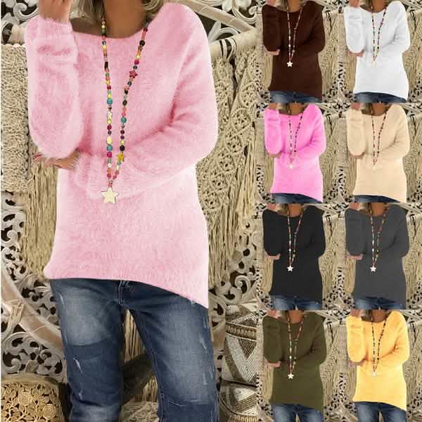 Women's Fashion Autumn and Winter Long Sleeve Knitted Sweaters Solid Color Warm Pullover Tops by DailySale