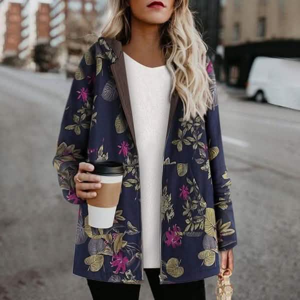 Women's Fashion Leaves Floral Print Fluffy Fur Hooded Long Sleeve Vintage Casual Coat by DailySale