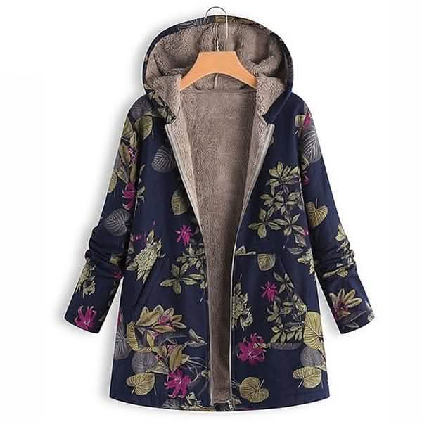 Women's Fashion Leaves Floral Print Fluffy Fur Hooded Long Sleeve Vintage Casual Coat by DailySale
