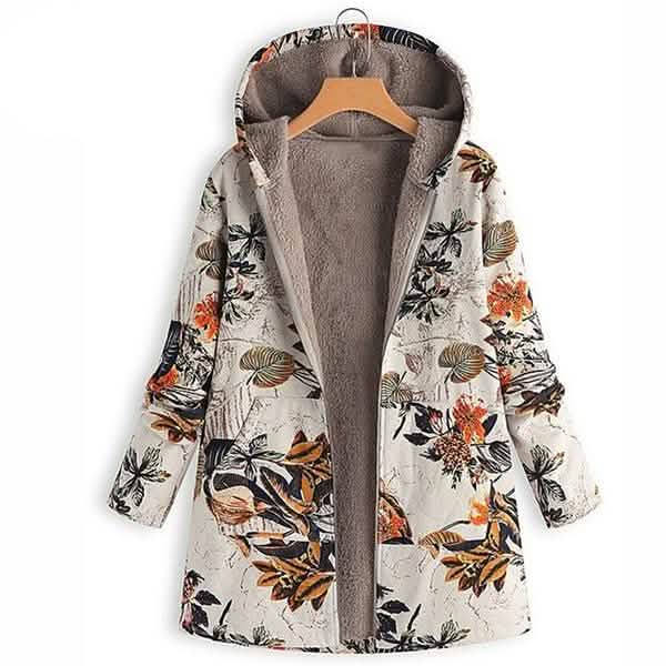 Women's Fashion Leaves Floral Print Fluffy Fur Hooded Long Sleeve Vintage Casual Coat by DailySale