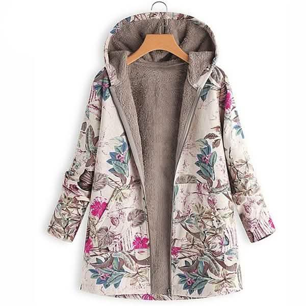 Women's Fashion Leaves Floral Print Fluffy Fur Hooded Long Sleeve Vintage Casual Coat by DailySale
