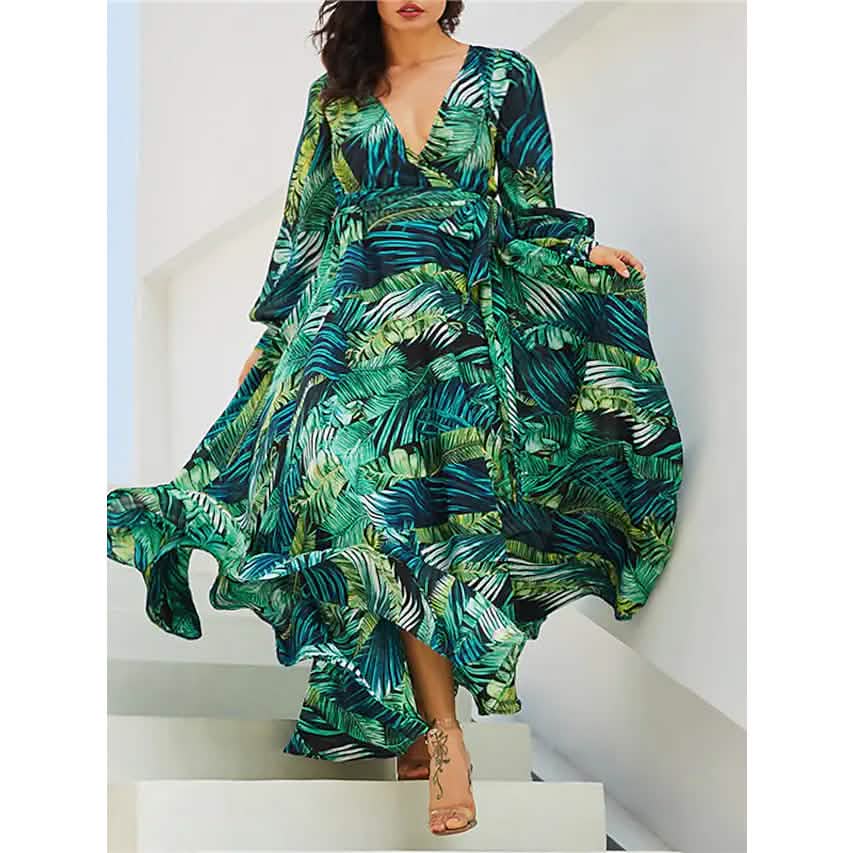 Women's Plus Size A Line Dress Floral V Neck Print Lantern Sleeve by DailySale