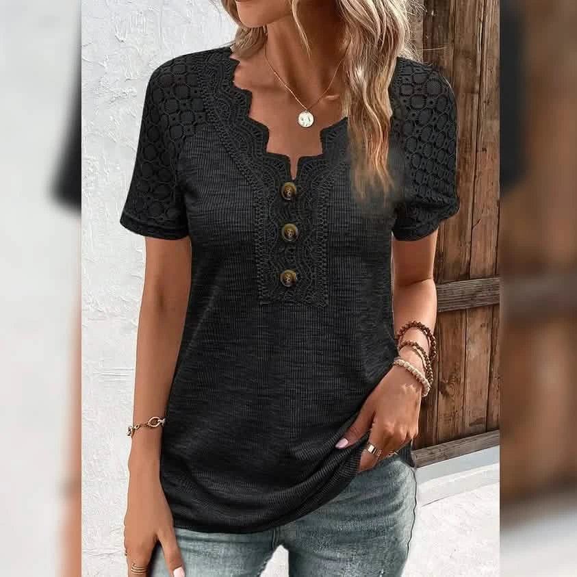 Women's T-Shirt Plain Lace Button Short Sleeve by DailySale