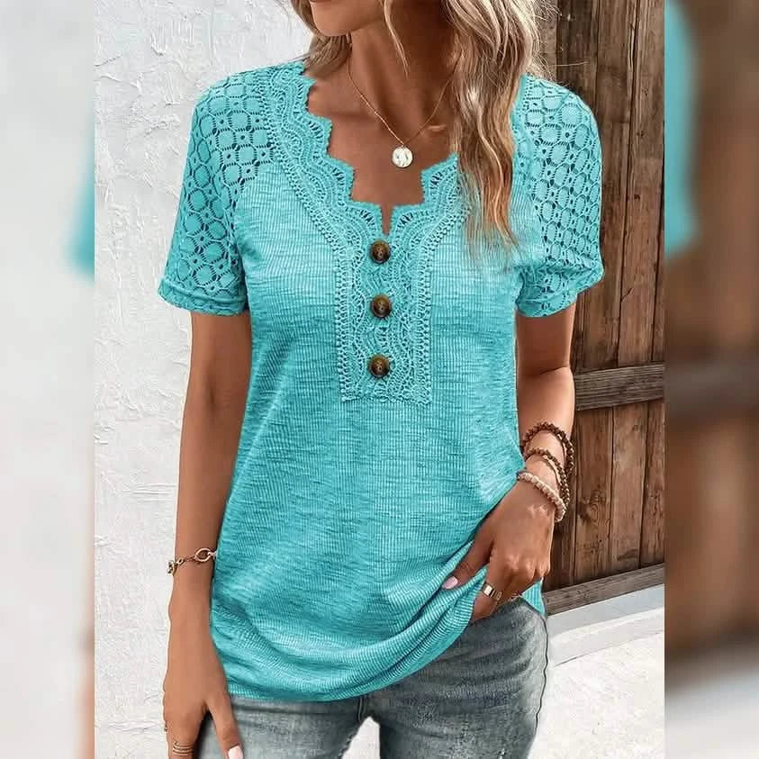 Women's T-Shirt Plain Lace Button Short Sleeve by DailySale