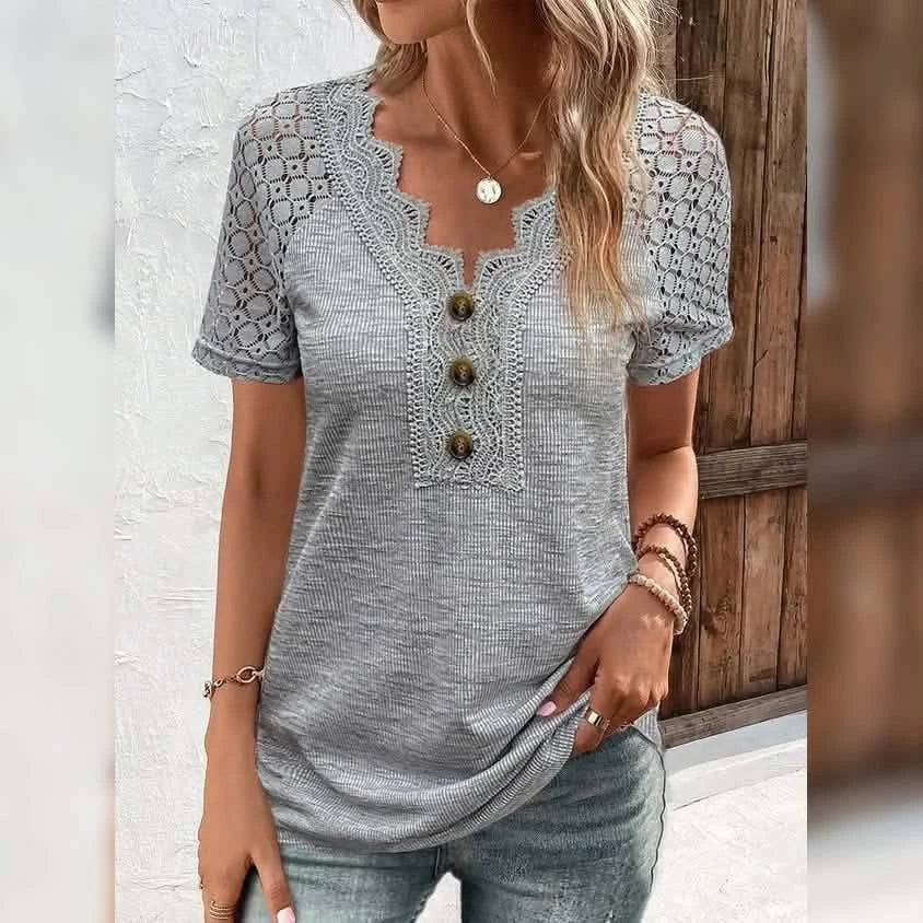 Women's T-Shirt Plain Lace Button Short Sleeve by DailySale
