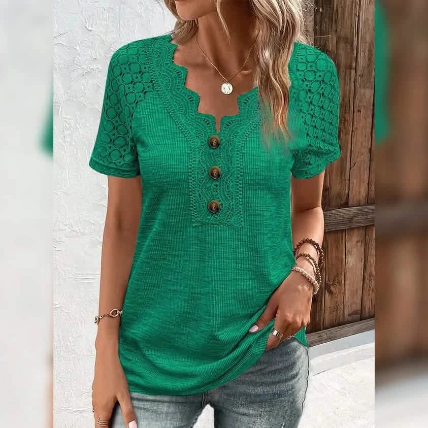 Women's T-Shirt Plain Lace Button Short Sleeve by DailySale