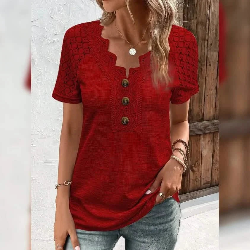 Women's T-Shirt Plain Lace Button Short Sleeve by DailySale