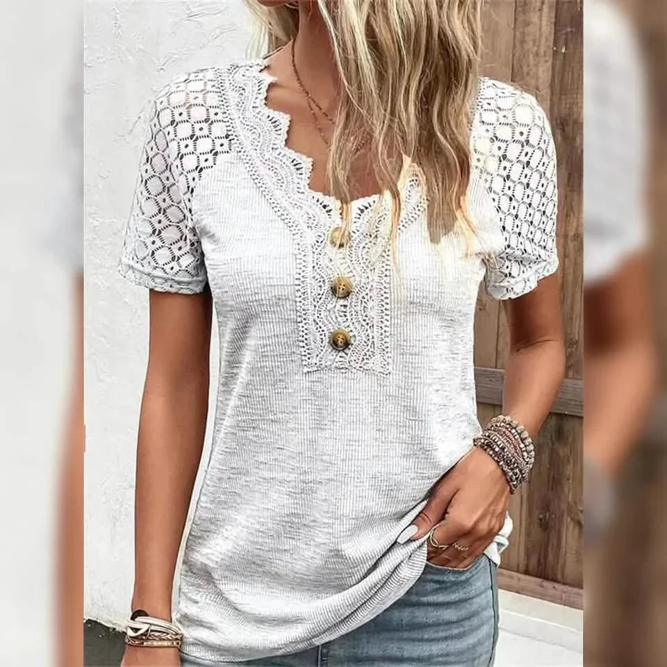 Women's T-Shirt Plain Lace Button Short Sleeve by DailySale