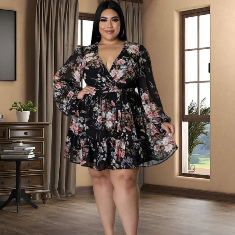 Plus Size Women's Floral Print Chiffon V-Neck Dress by Trendy Attic Store01