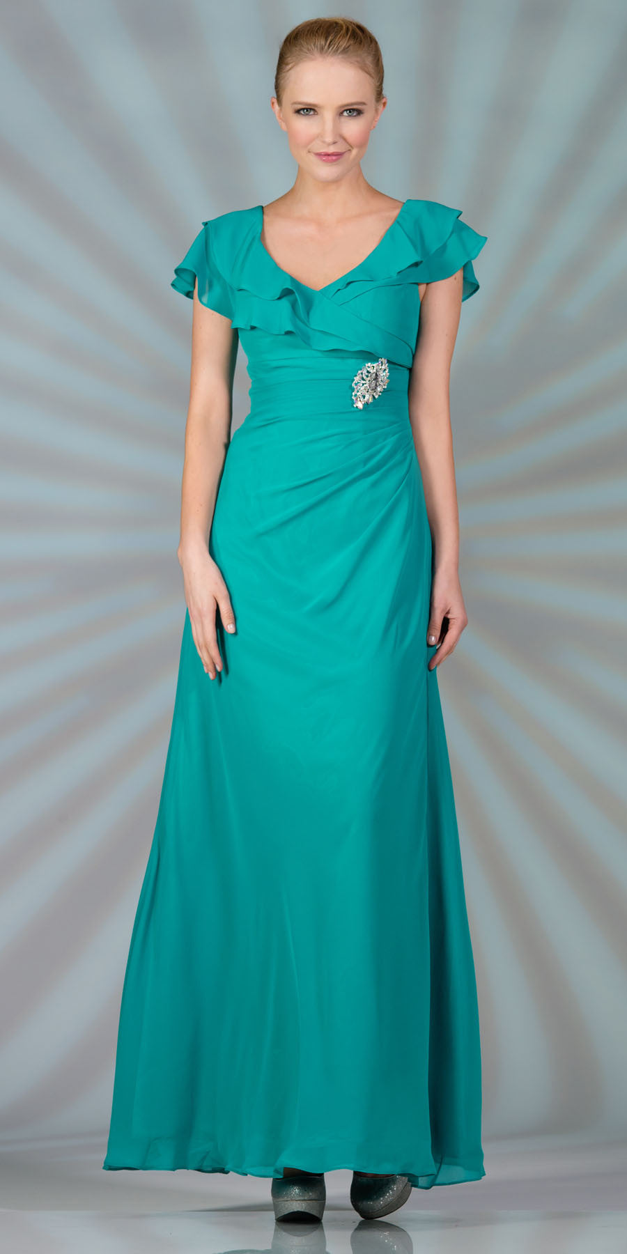 CLEARANCE - Cinderella Divine 1298 Long Dress Chiffon Short Sleeves by DiscountDressShop