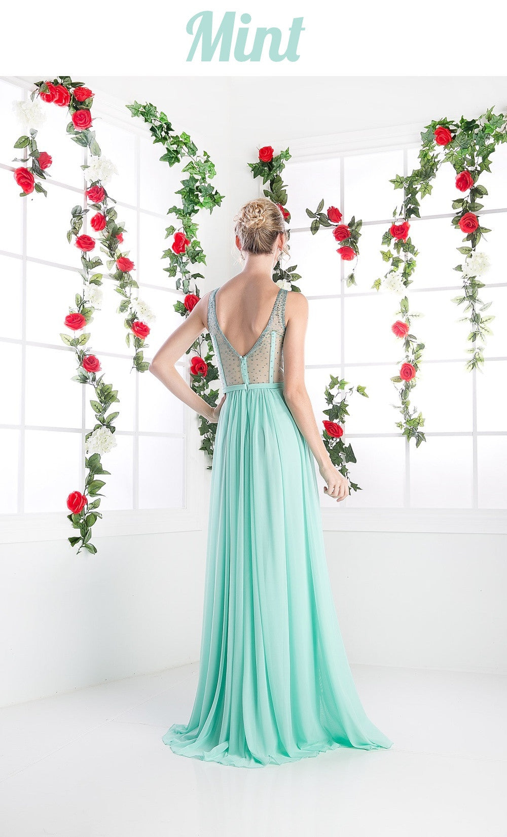 Cinderella Divine 5061 Sheer Beaded Strap Flowy Evening Dress by DiscountDressShop