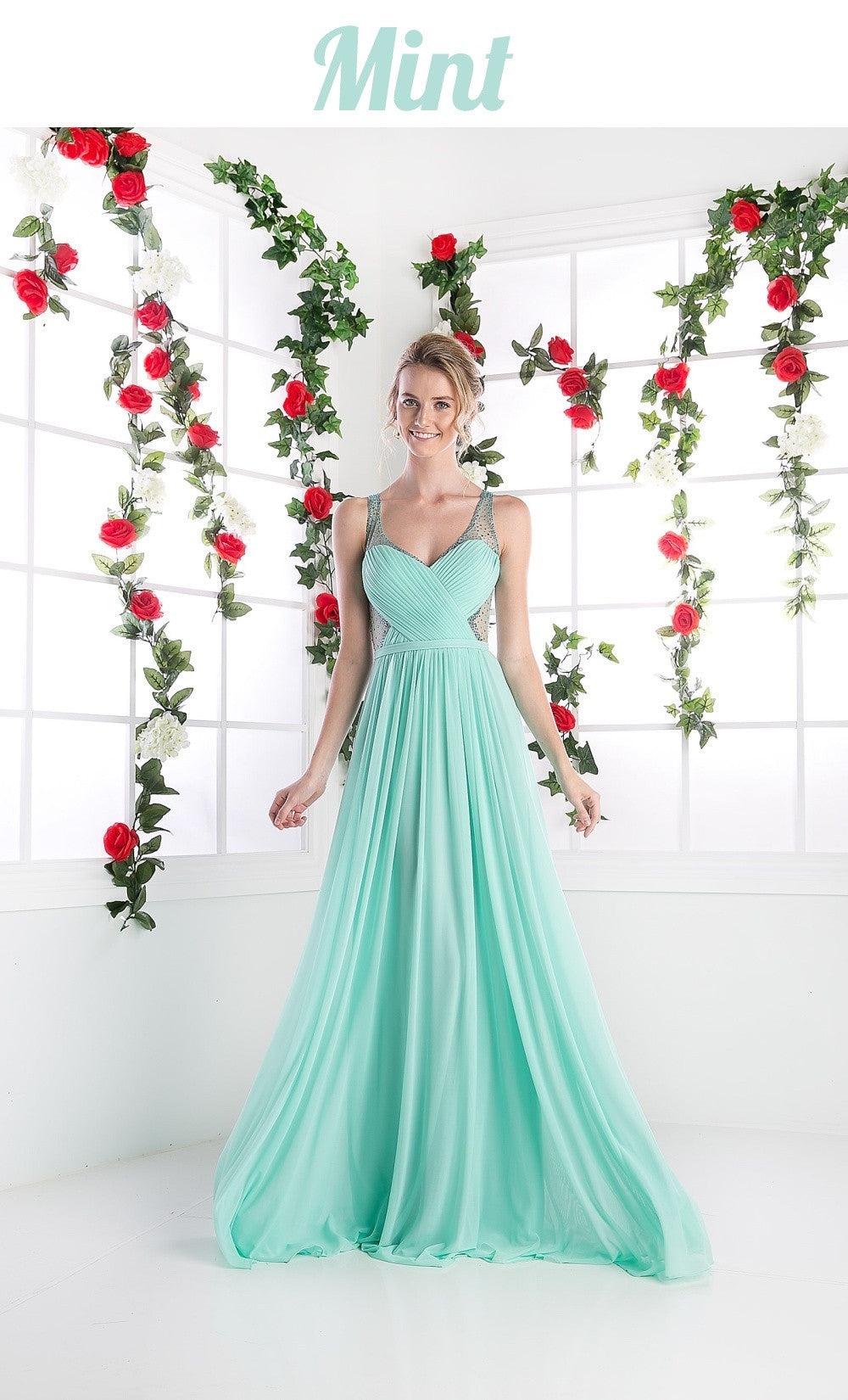 Cinderella Divine 5061 Sheer Beaded Strap Flowy Evening Dress by DiscountDressShop