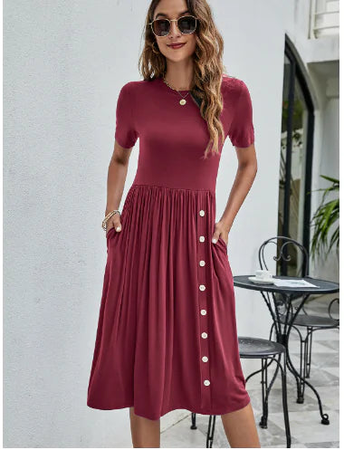 Solid Color Button Pocket Casual Women's Dress by Trendy Attic Store01